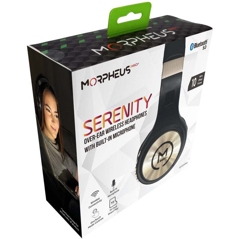 Front view of Morpheus 360 Serenity series headphones retail box with feature highlights