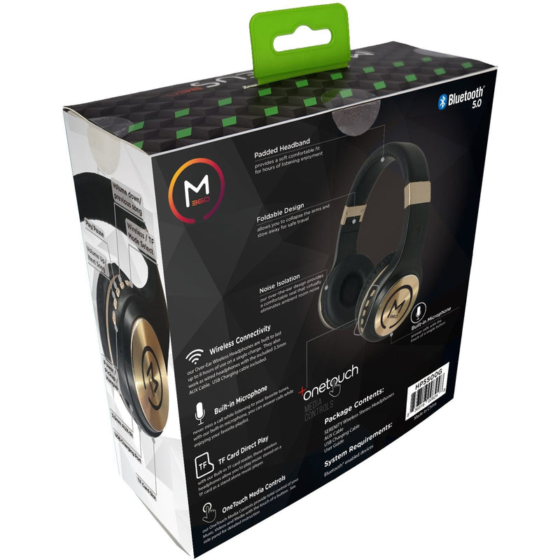 Retail packaging of Morpheus 360 HP5500G headphones showing feature highlights and contents