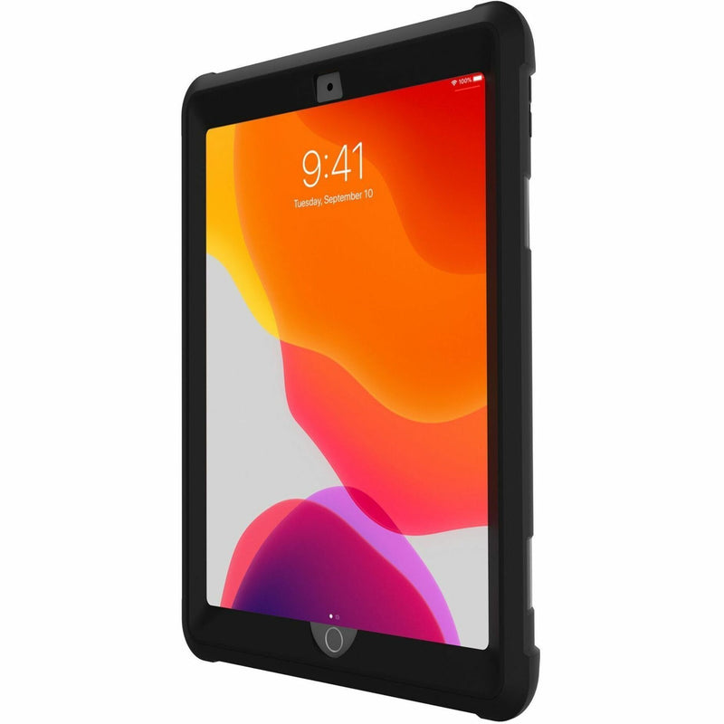 Front view of black rugged iPad case with reinforced corners and protective bezel design