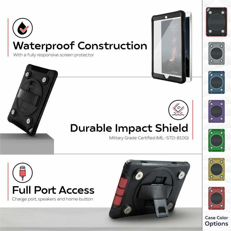 Multiple views showing waterproof features and port protection of iPad case