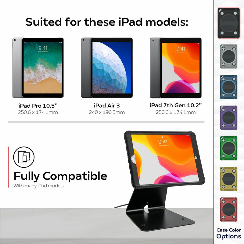 Compatibility diagram showing supported iPad models and dimensions