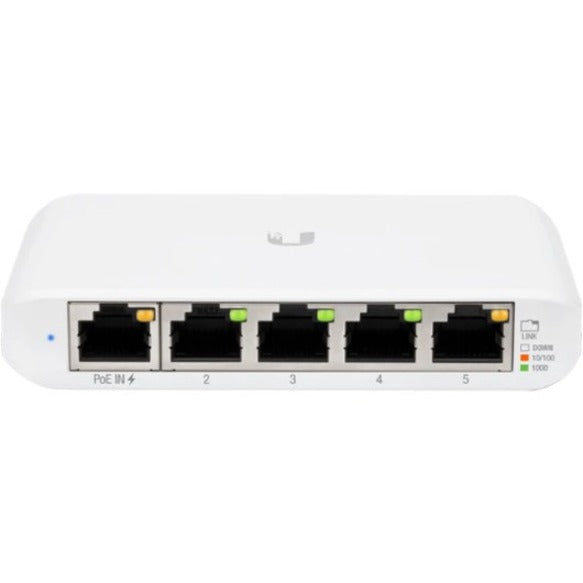 Front view of Ubiquiti USW-Flex-Mini showing five Gigabit Ethernet ports with LED indicators