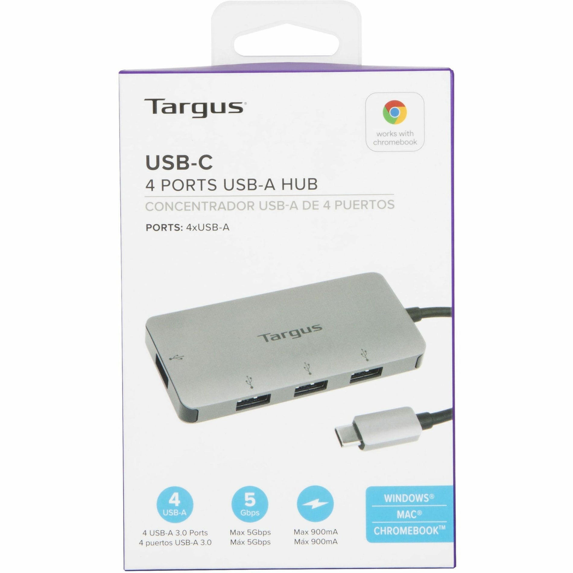 Targus ACH226BT USB-C 至 4 端口 USB-A 集线器，2 年保修，铬色，PC，Mac 兼容 塔格斯 Targus