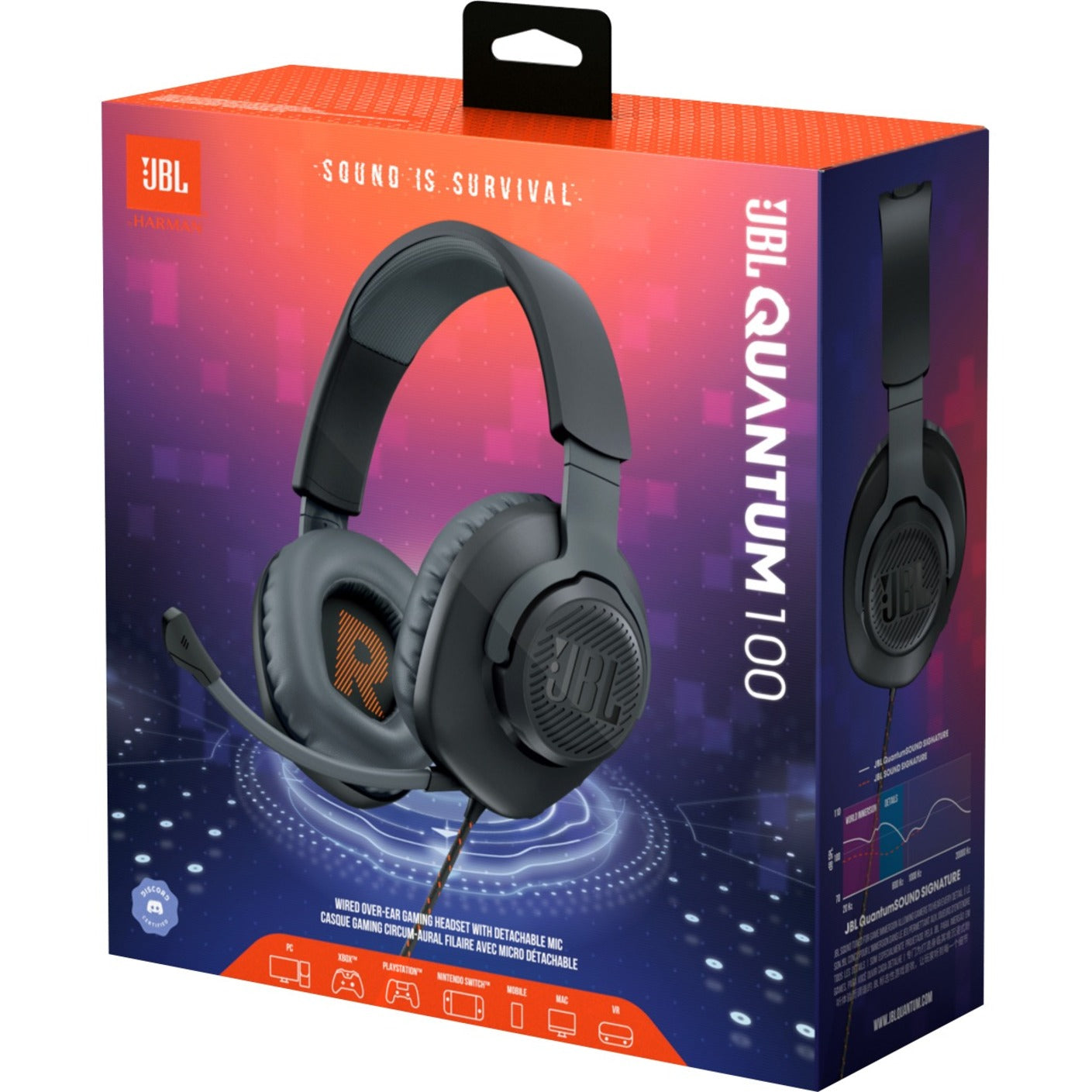 JBL JBLQUANTUM100BLKAM Quantum 100 Wired Over-Ear Gaming Headset with a Detachable Mic, Surround Sound for PC, PS4, Xbox One, Nintendo Switch, and Mobile Devices