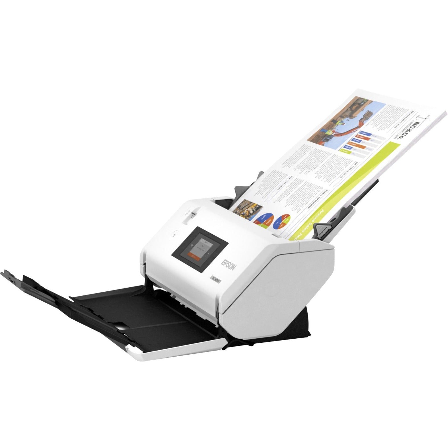 Epson DS-30000 large-format document scanner with extended paper trays showing document feeding capability-alternate-image1