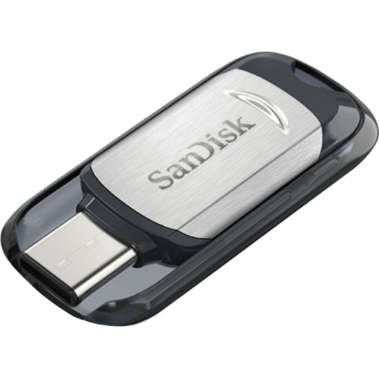 Close-up angle view of SanDisk Ultra USB-C flash drive emphasizing the USB-C connector and metal finish