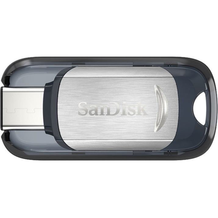 Top-down view of SanDisk Ultra USB-C flash drive showing transparent shell and metallic finish