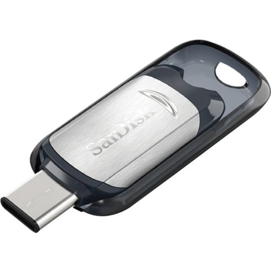 Angled view of SanDisk Ultra USB-C flash drive highlighting dual-tone design with silver and black finish