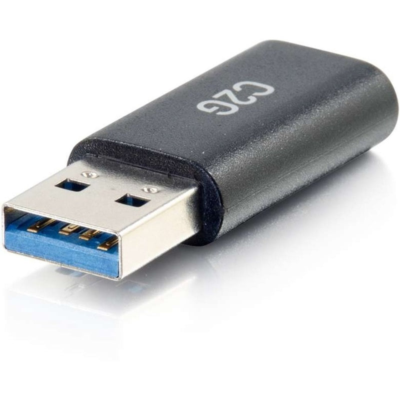 Close-up view of C2G adapter's USB-A male connector with blue SuperSpeed USB indicator