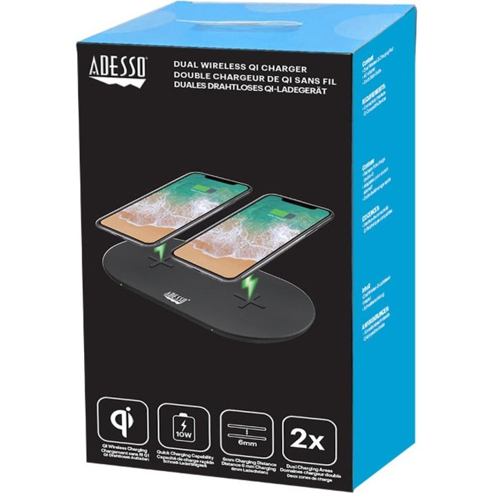 Adesso AUH-1040 15W Max Qi-Certified Dual 2-Coil Wireless Fast Charging Pad, Overcharge Protection