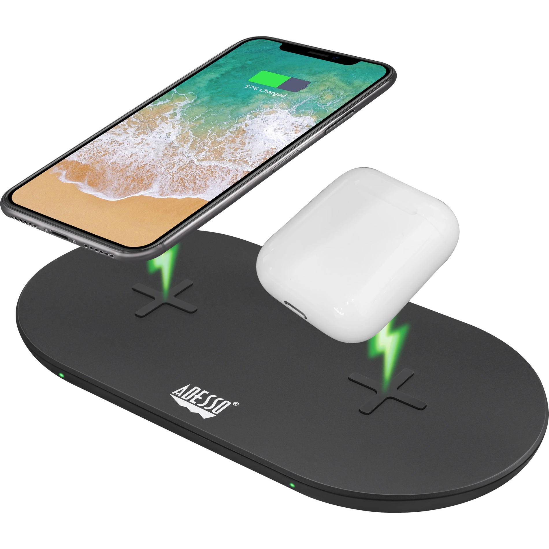 Adesso AUH-1040 15W Max Qi-Certified Dual 2-Coil Wireless Fast Charging Pad, Overcharge Protection