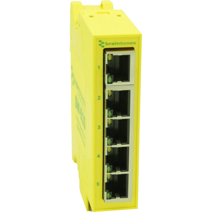 Side view of Brainboxes SW-515 highlighting numbered Ethernet ports with status LEDs