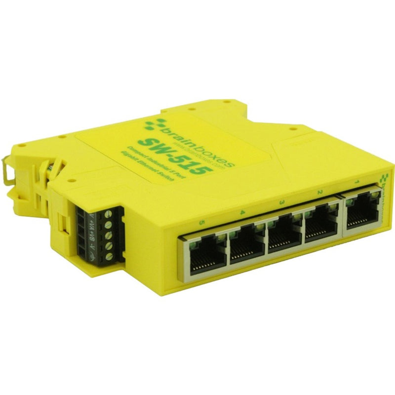 Front view of Brainboxes SW-515 industrial Ethernet switch showing 5 Gigabit ports and power terminal in yellow housing