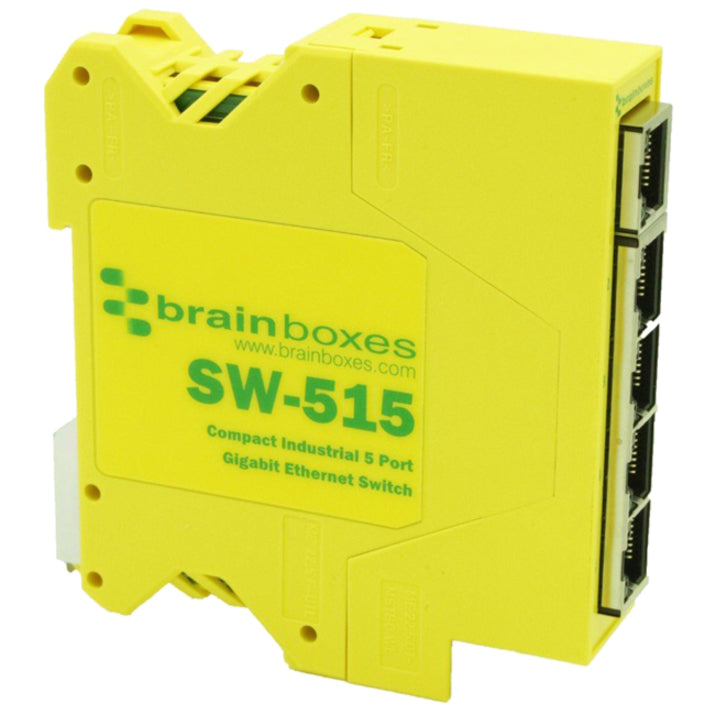 Angled perspective of Brainboxes SW-515 showing compact industrial design and port layout