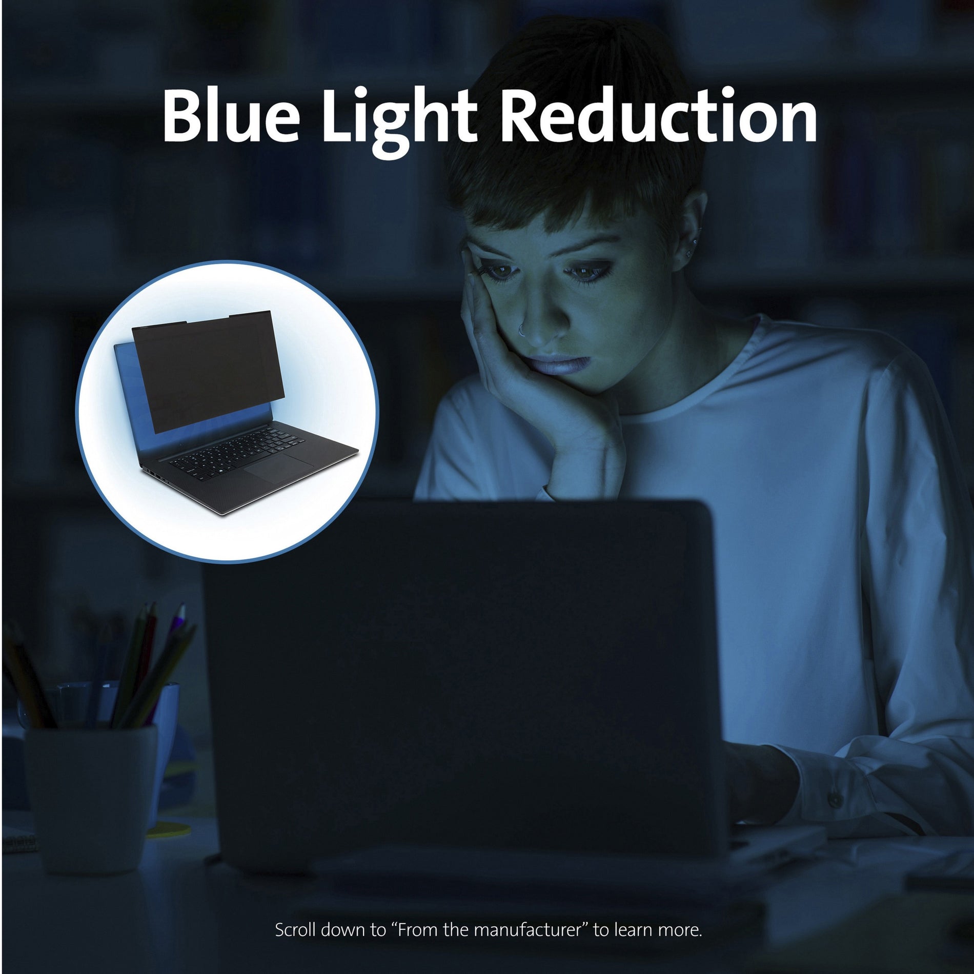 Person using laptop with blue light reduction privacy screen in dark environment-alternate-image5