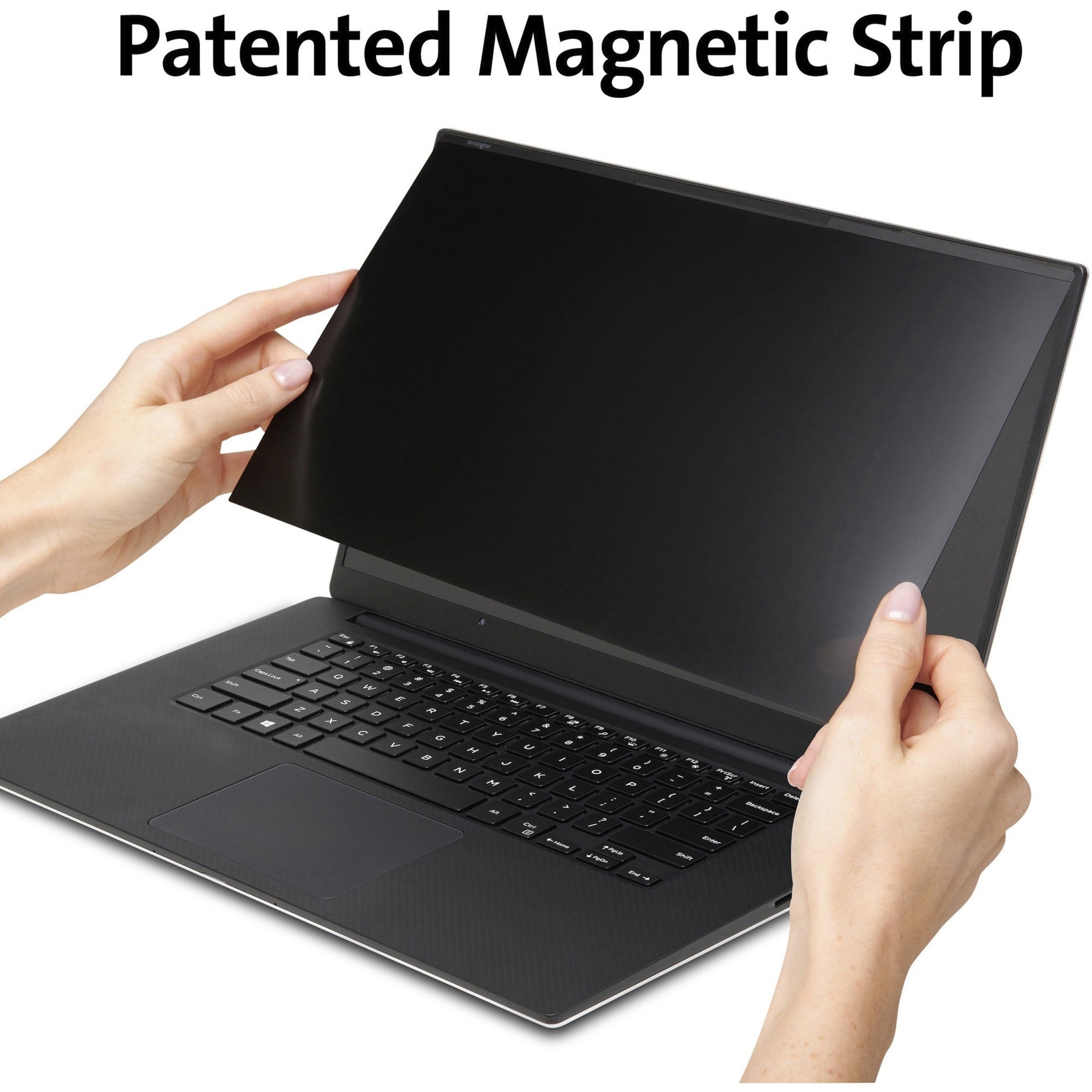 Hands demonstrating magnetic privacy screen attachment to laptop-alternate-image7