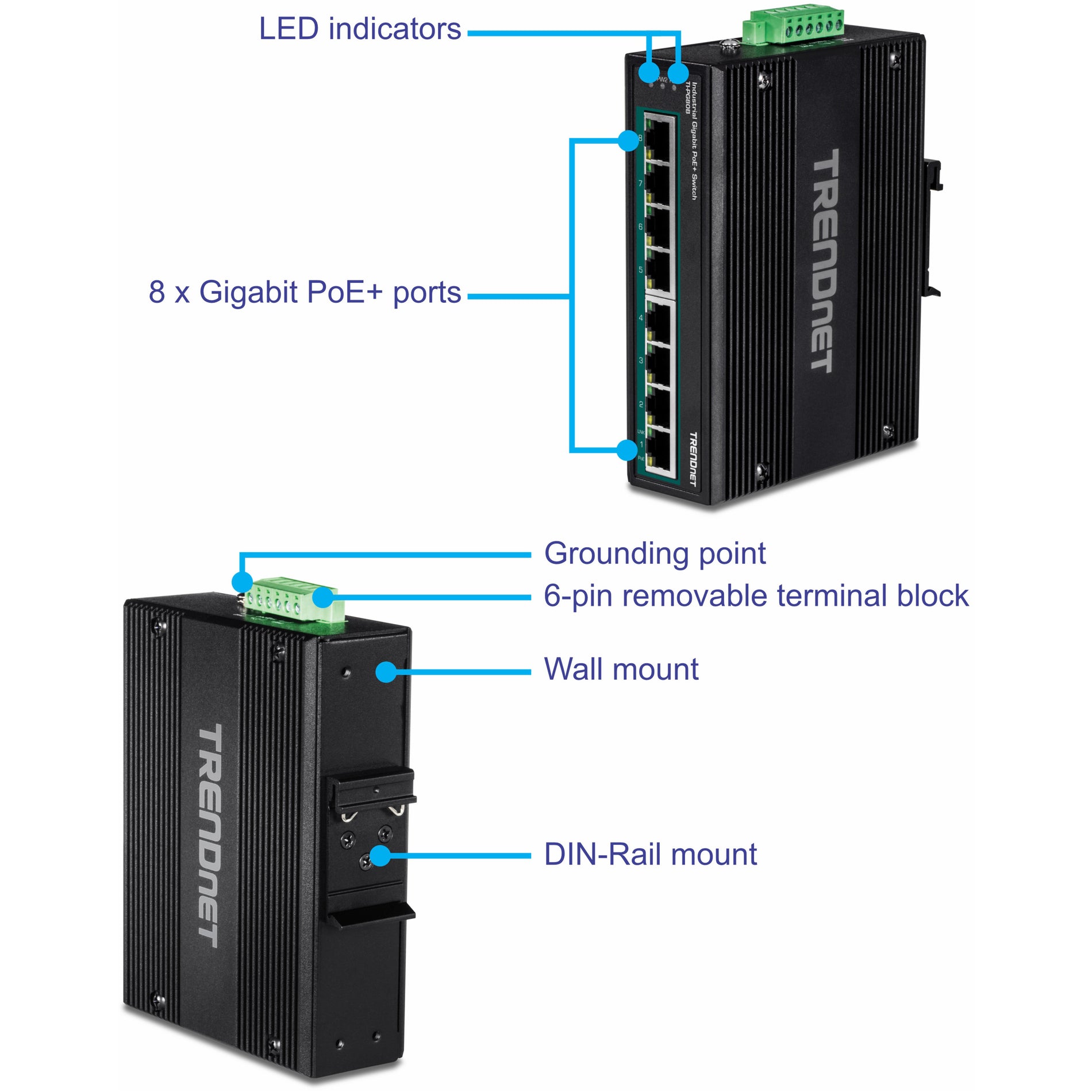 TRENDnet TI-PG80B 8-Port Commutateur Industriel Gigabit PoE+ sur Rail DIN Connectivité Réseau Fiable. Marque: TRENDnet