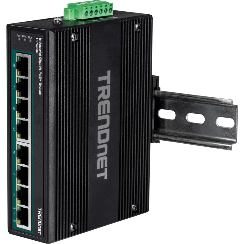 Side view of TRENDnet industrial switch showing DIN-rail mount and port configuration