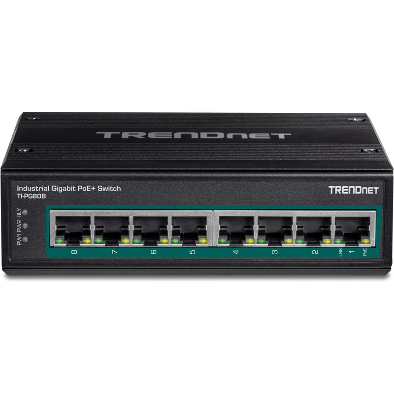 Front view of TRENDnet industrial switch showing all ports and indicators