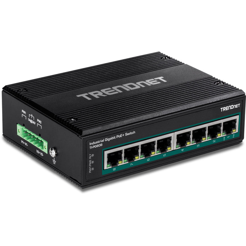 Angled view of TRENDnet industrial switch showing power input configuration