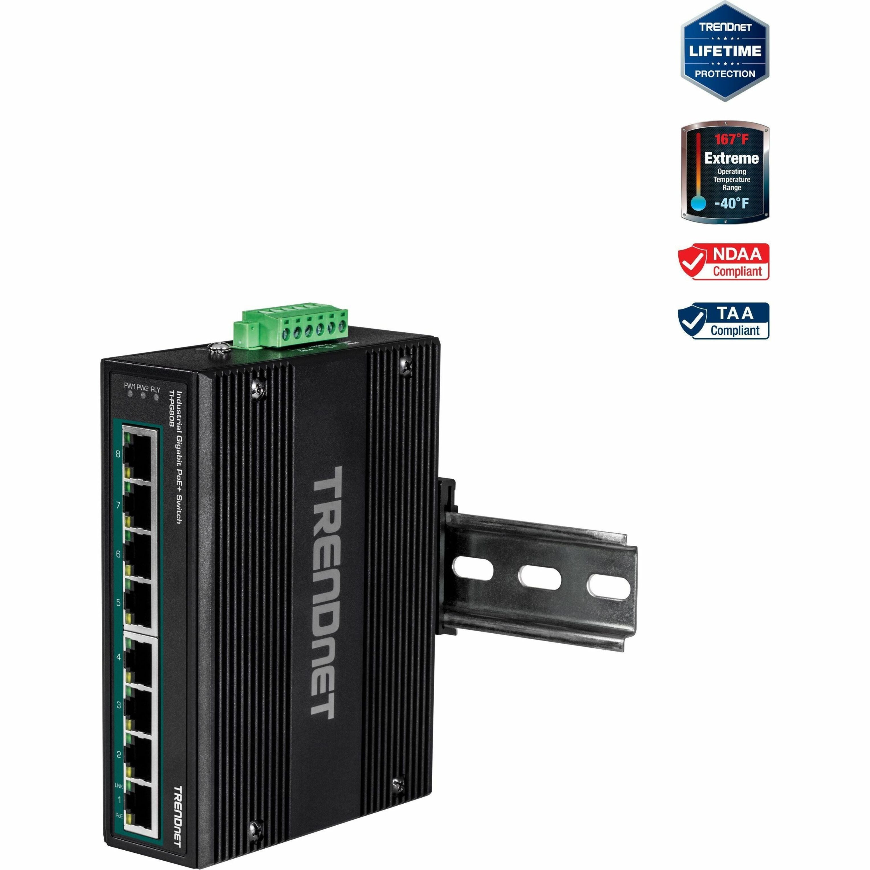 TRENDnet TI-PG80B 8-Port Industrial Gigabit PoE+ DIN-Rail Switch, Reliable Network Connectivity