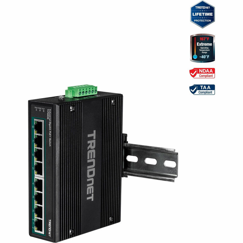 TRENDnet TI-PG80B industrial PoE+ switch with 8 Gigabit ports and DIN-rail mount