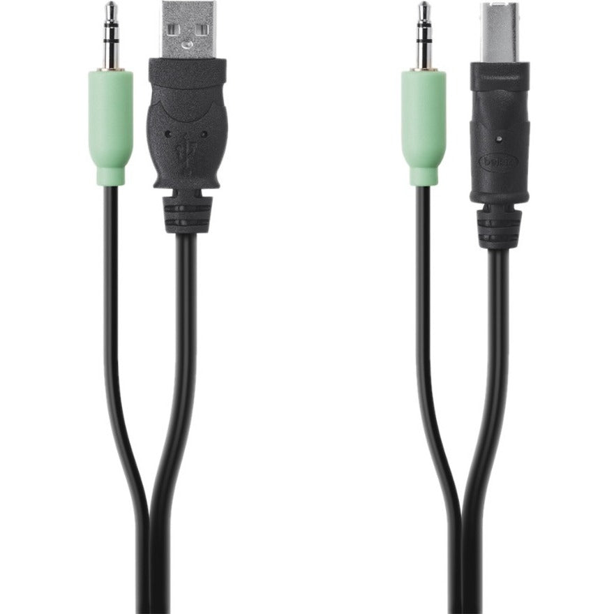 Belkin TAA-compliant USB/Audio SKVM cable showing USB Type-A to Type-B connectors and 3.5mm audio jacks with black cable and mint green audio connectors-alternate-image1