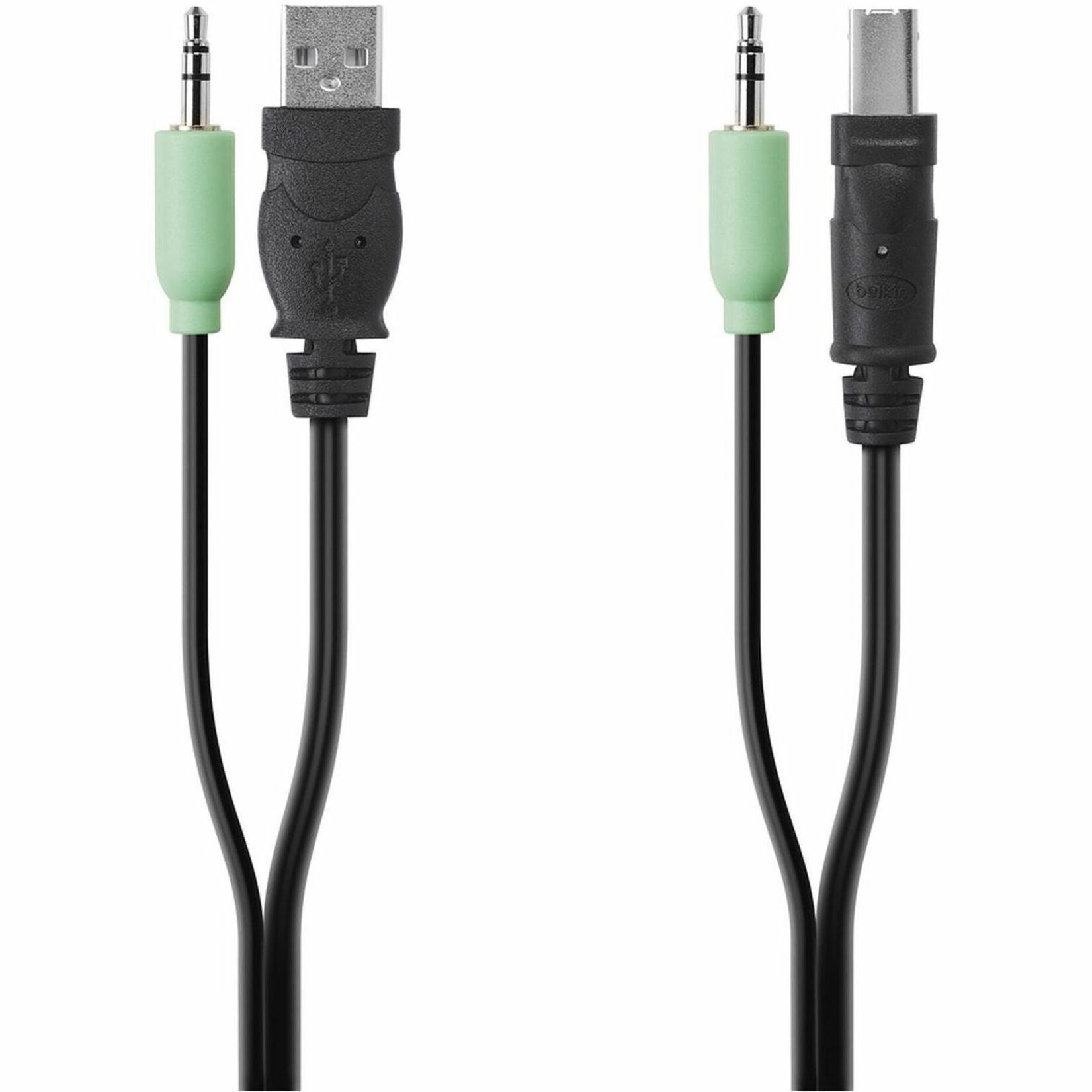 Belkin TAA USB/Audio SKVM Cable showing dual-ended configuration with USB Type A/B connectors and 3.5mm audio jacks with mint green accents-alternate-image1