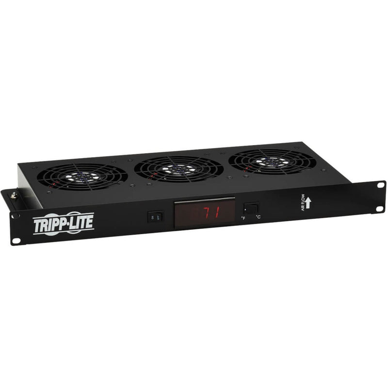 Front view of Tripp Lite 1U rack-mount cooling panel showing three cooling fans and digital temperature display