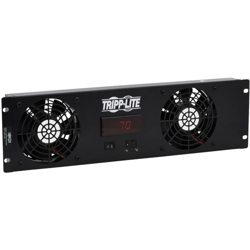 Front view of Tripp Lite SRFAN3UDCTEMP rack fan tray showing dual fans and digital temperature display