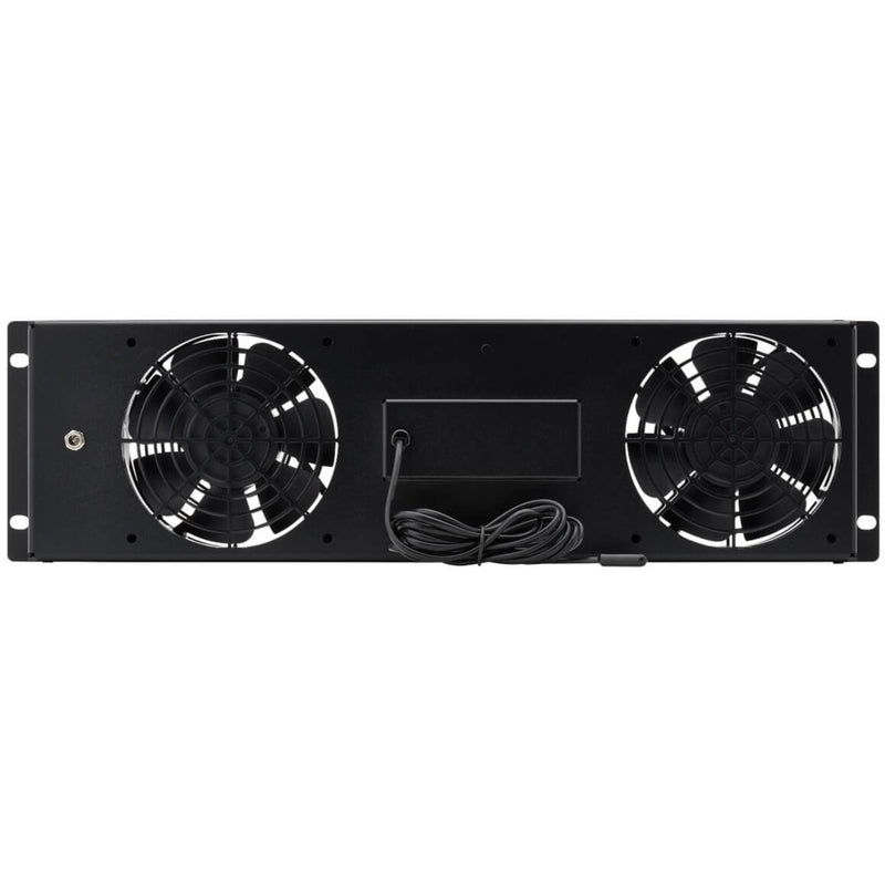 Rear view of Tripp Lite rack fan tray showing fan assembly and temperature sensor connection