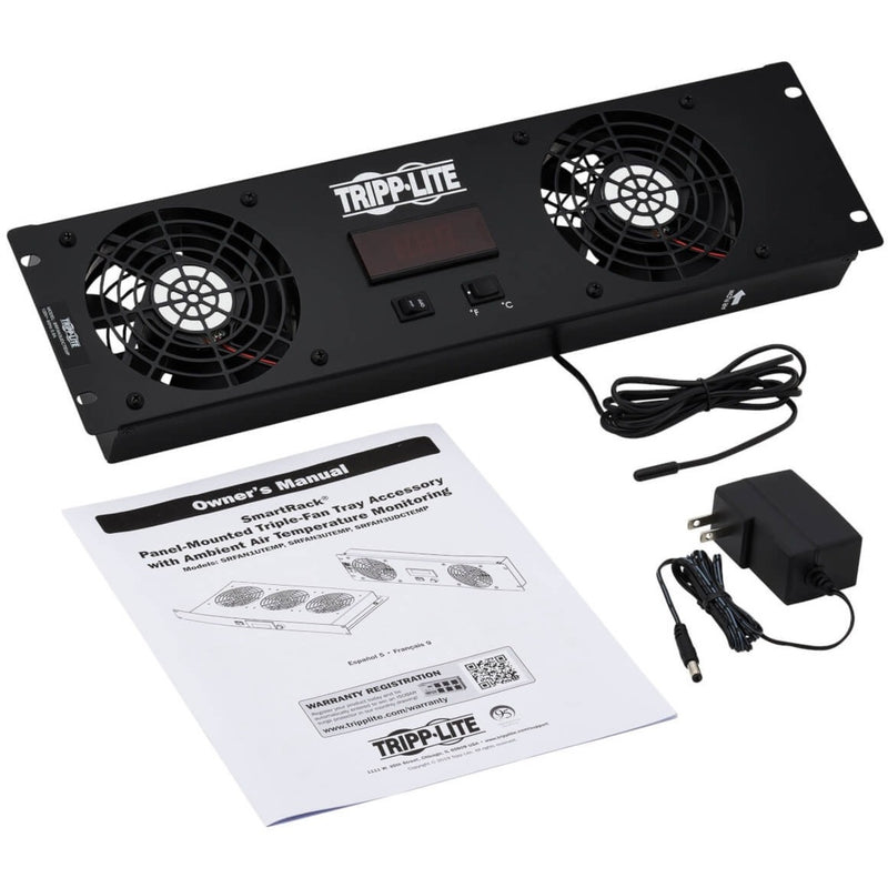 Complete package contents of Tripp Lite SRFAN3UDCTEMP including fan tray, manual, power supply, and accessories