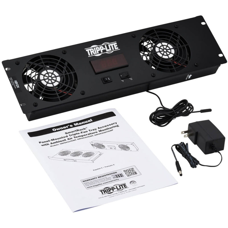 SRFAN3UTEMP package contents including fan tray, manual, power supply, and temperature sensor