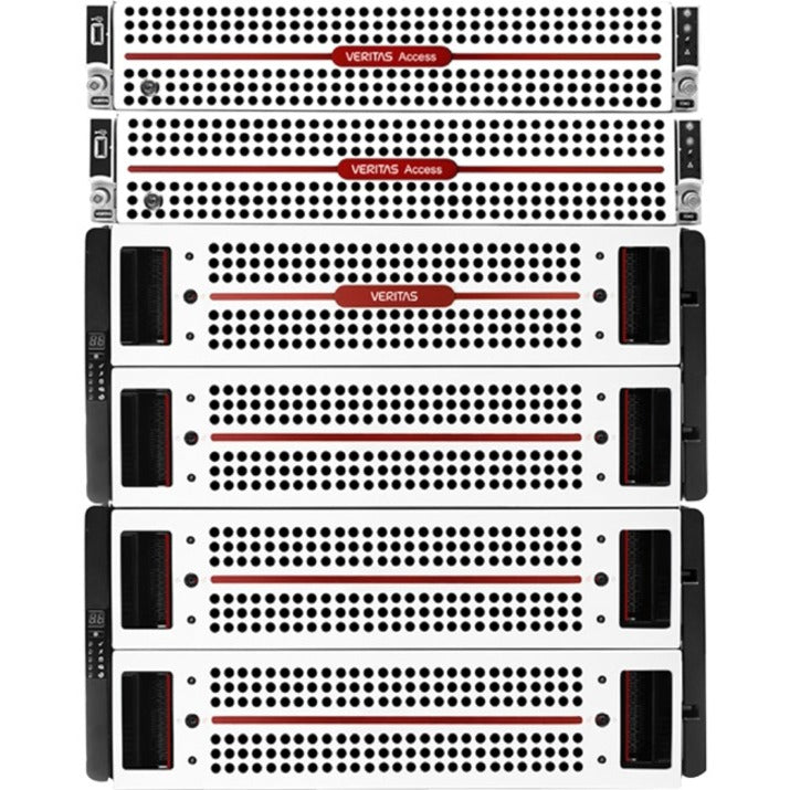 Front view of Veritas Access 3340 NAS storage system showing 5U rack-mounted chassis with multiple drive bays and distinctive white faceplate with red Veritas Access branding-alternate-image1