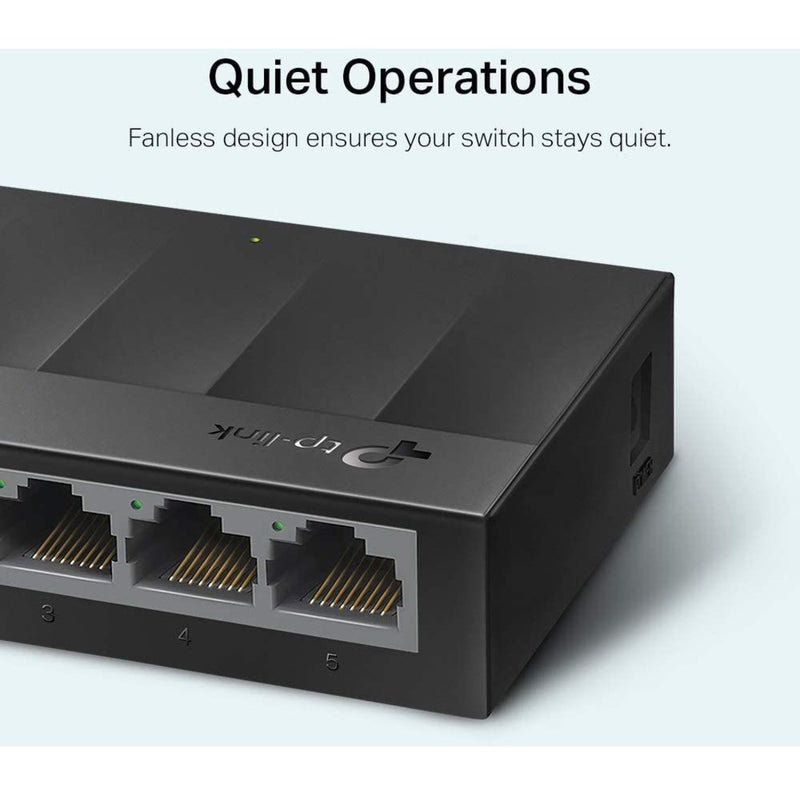 Close-up of TP-Link LS1005G switch highlighting its fanless design for quiet operation