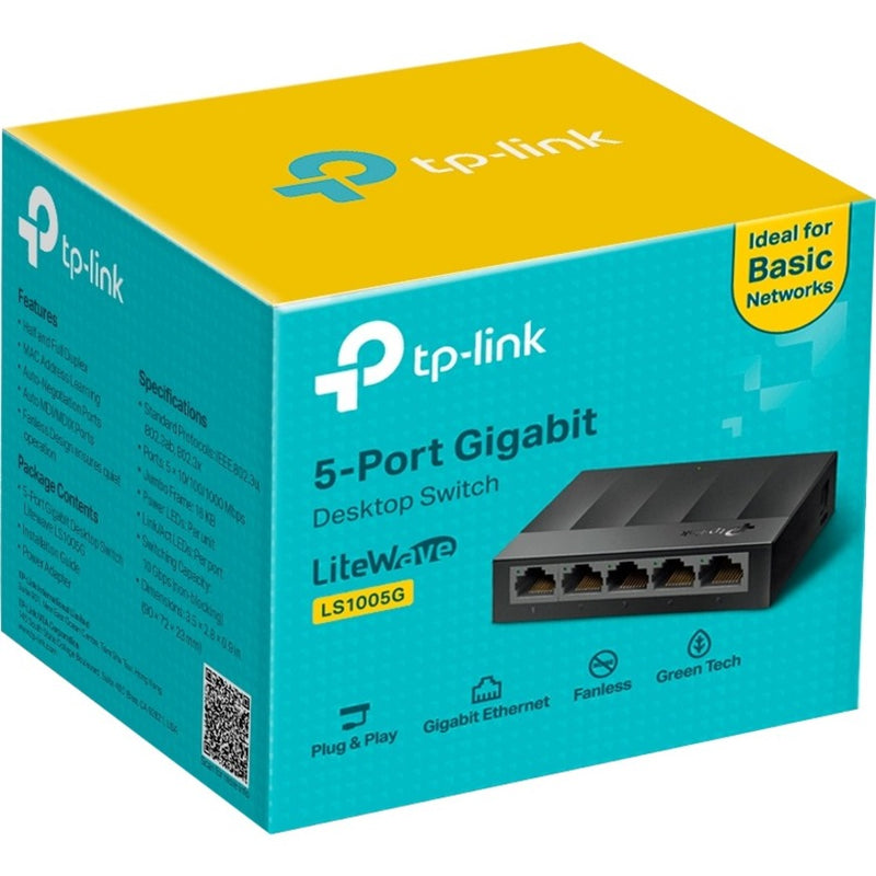 TP-Link LS1005G retail package showing product features and contents