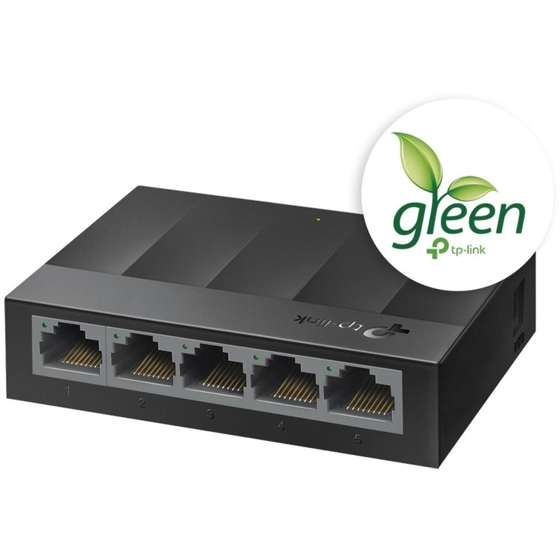 TP-Link LS1005G switch with green technology logo highlighting eco-friendly features