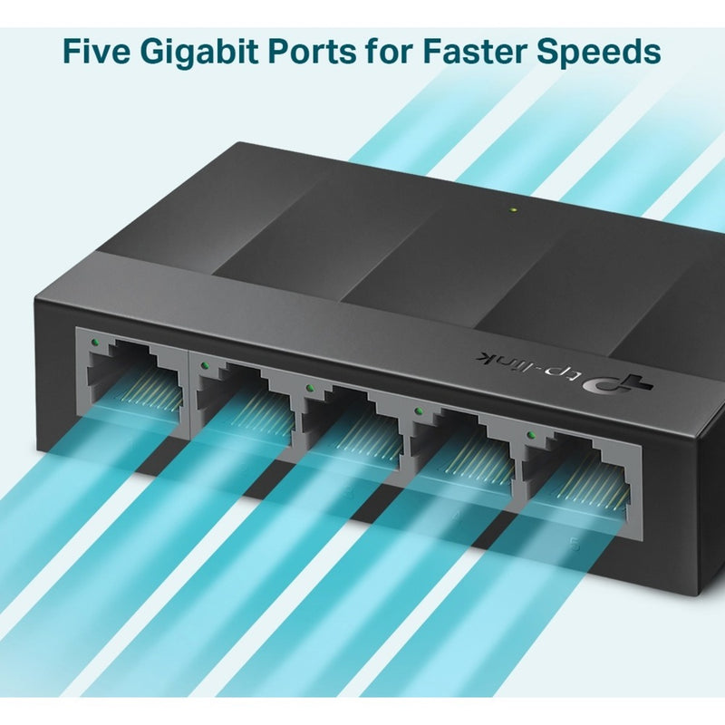 TP-Link LS1005G switch with blue light trails illustrating high-speed data transfer through ports