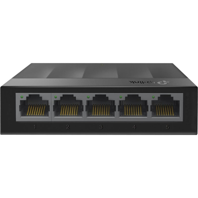 Front view of TP-Link LS1005G 5-port Gigabit Ethernet switch showing all network ports