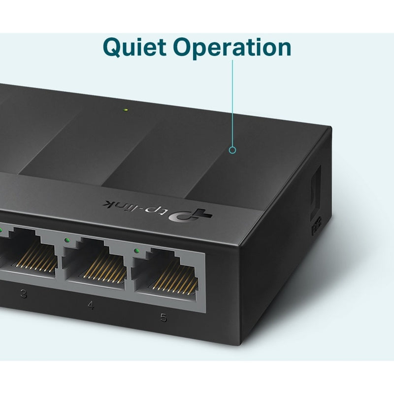 Close-up view of TP-Link LS1005G switch emphasizing its quiet operation design