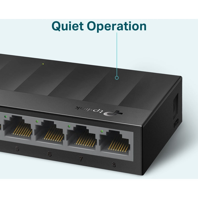 Close-up view of TP-Link LS1008G switch highlighting its fanless design and quiet operation features