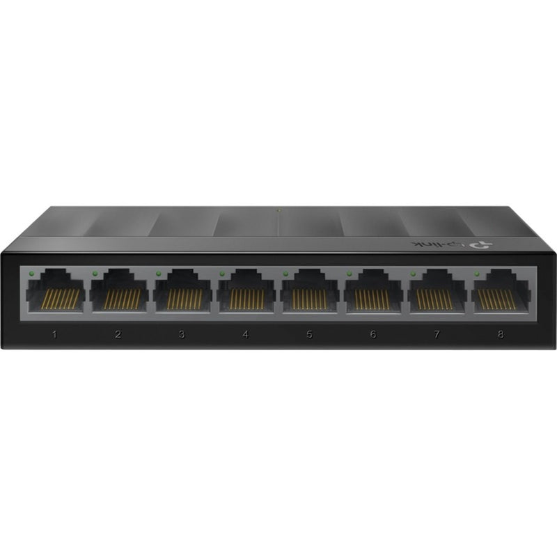 Front view of TP-Link LS1008G 8-port Gigabit Ethernet switch showing all eight RJ-45 ports