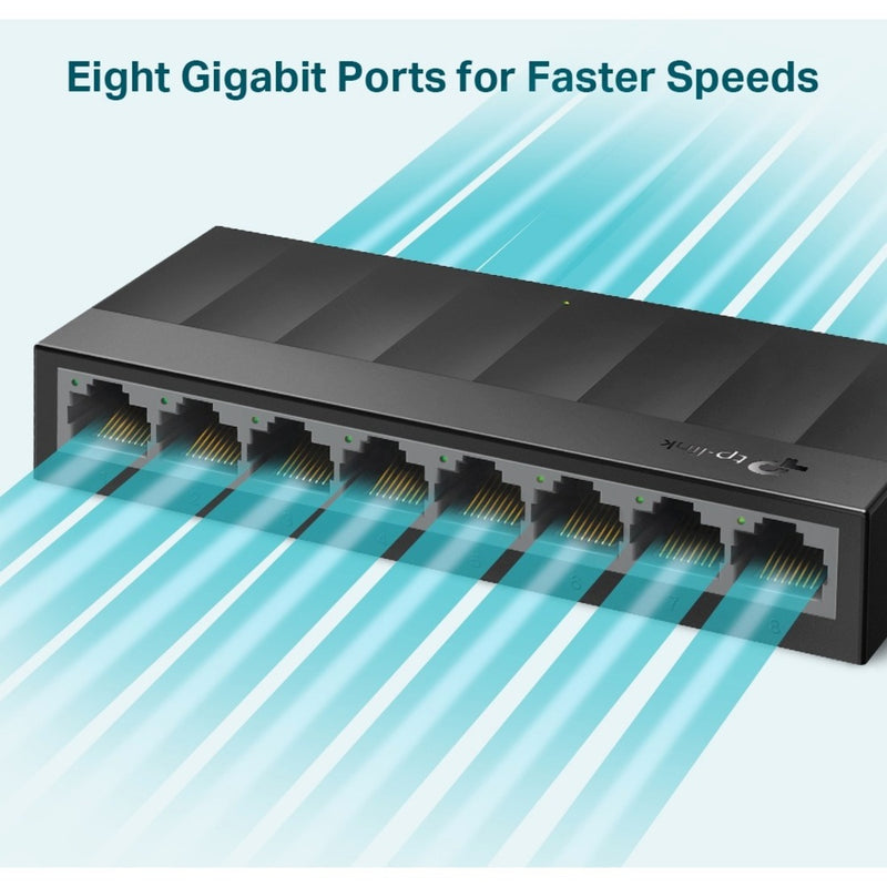 Illustration showing data flow through all eight Gigabit ports of the TP-Link LS1008G switch