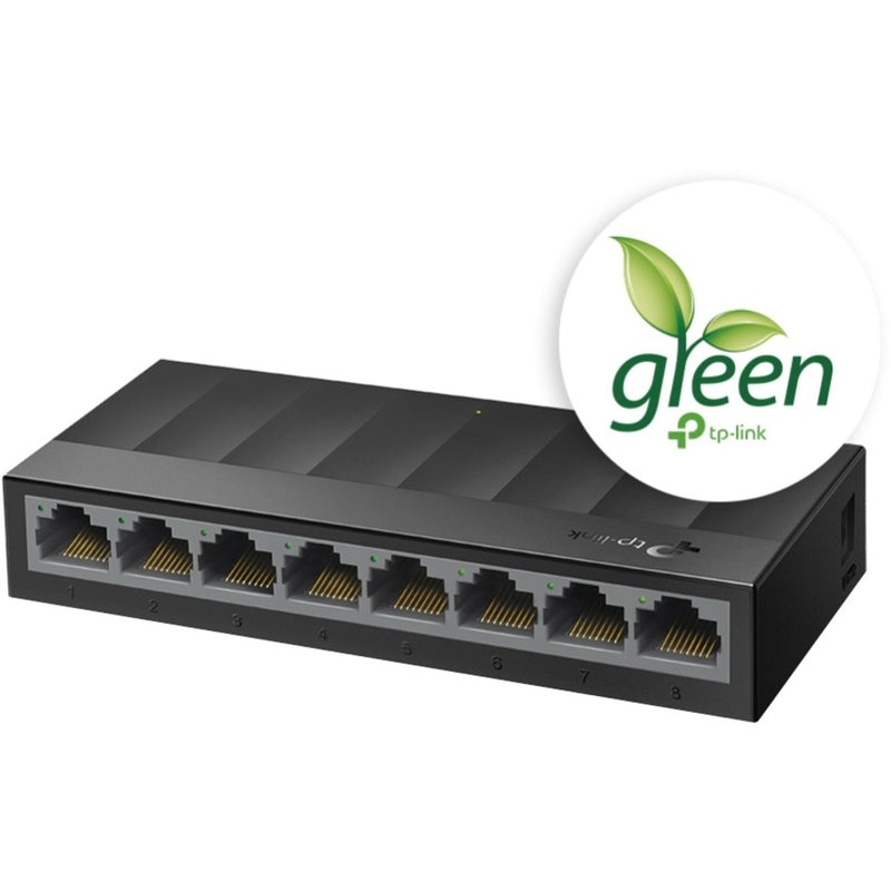 TP-Link LS1008G switch with Green technology logo highlighting eco-friendly features