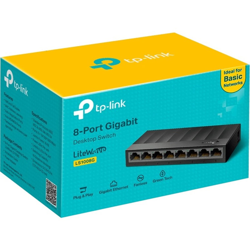 Product packaging of TP-Link LS1008G showing contents and key features