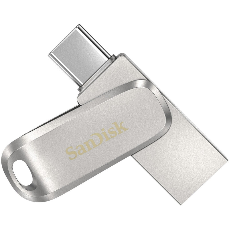 SanDisk Ultra Dual Drive Luxe USB-C flash drive in silver metallic finish with swivel design