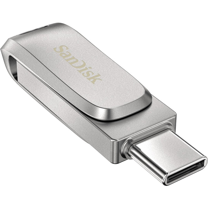 Close-up view of SanDisk Ultra Dual Drive Luxe showing USB-C connector and swivel mechanism