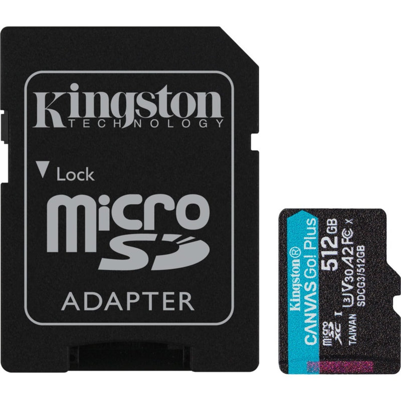 Kingston Canvas Go! Plus 512GB microSD card shown with SD adapter against white background