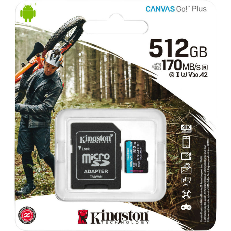 Kingston Canvas Go! Plus retail packaging featuring mountain biker and product specifications