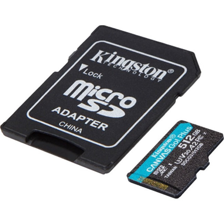 Angled view of Kingston microSD card with adapter showing product details